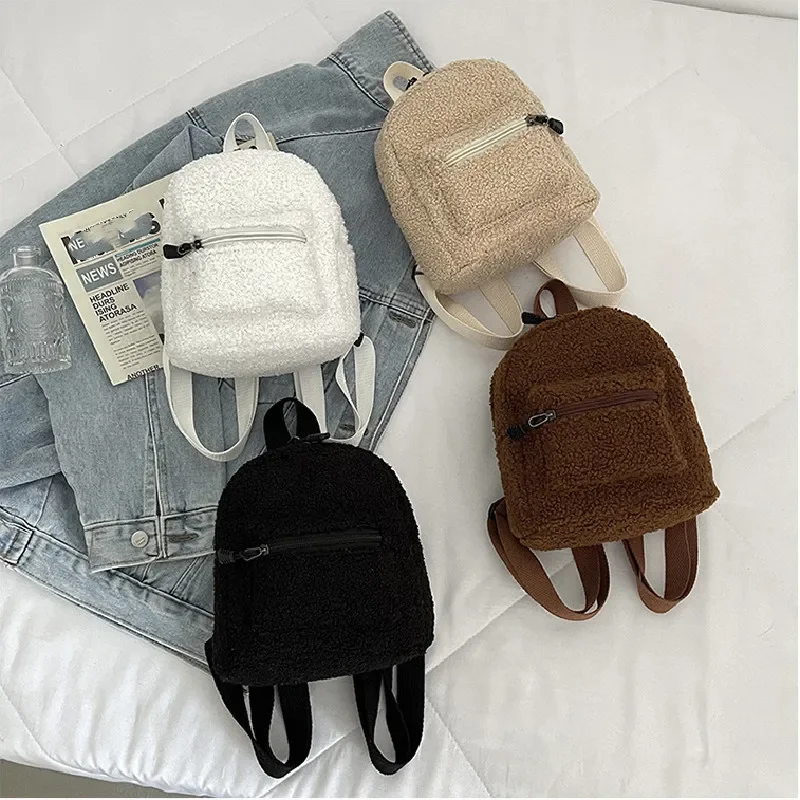 Mini Plush Backpack Solid Color Women Little Girls Wild Fashion Soft Autumn Winter Stylish Small Daypack for Shopping Street