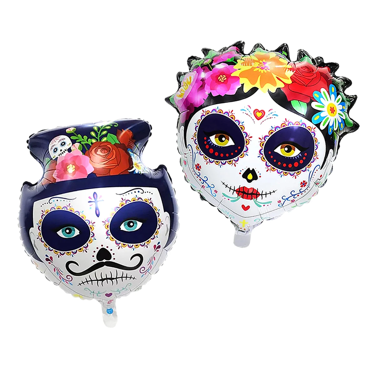 2pcs Sugar Skull Aluminum Foil Balloons for Bride and Groom, Day of the Dead Halloween Flower Skull Party Decoration Supplies