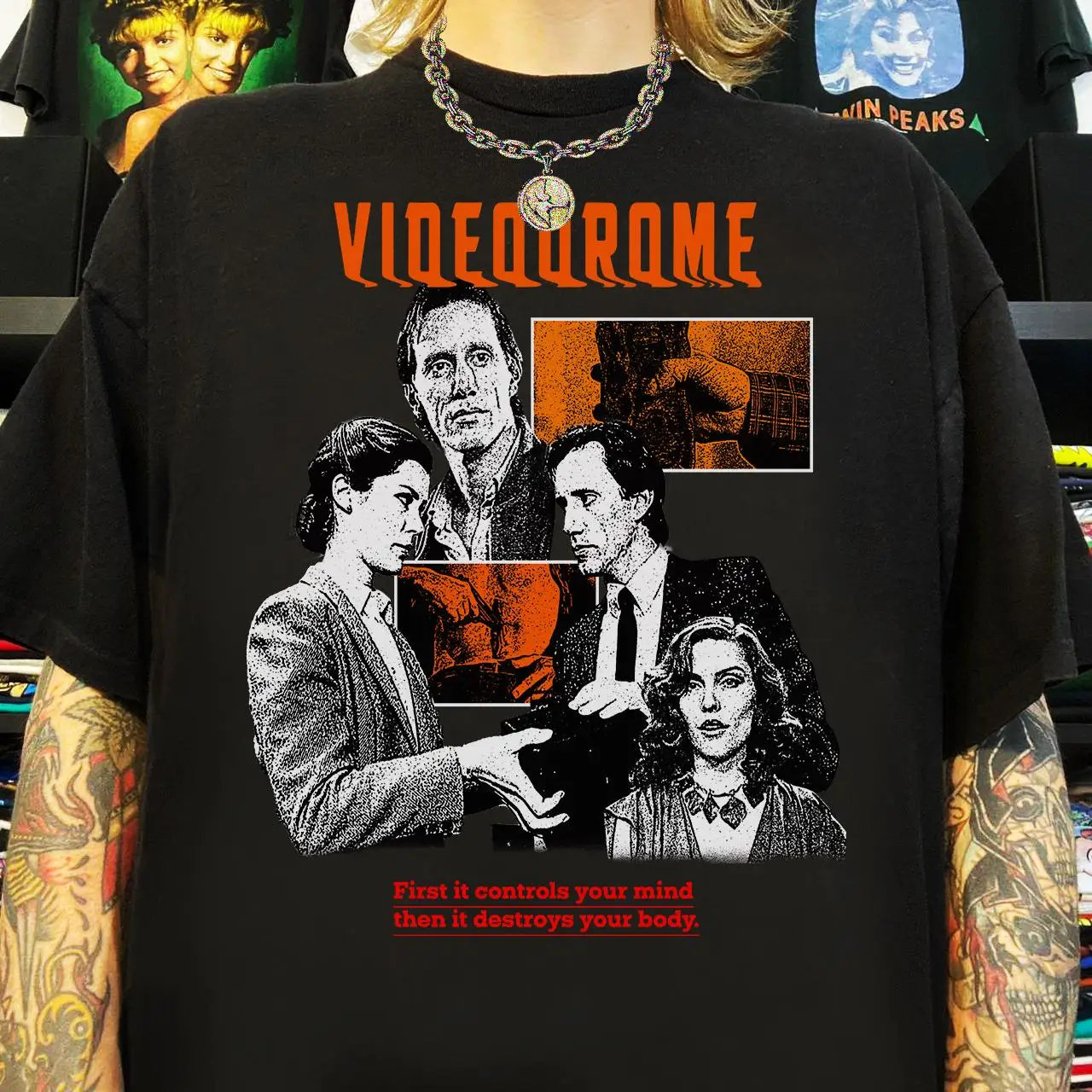 Videodrome 1983 فيلم الطرفية نمط تي شيرت مطبوع ديفيد كروننبرغ ريترو فيلم الرعب المرأة والرجال العالمي تي شيرت #1