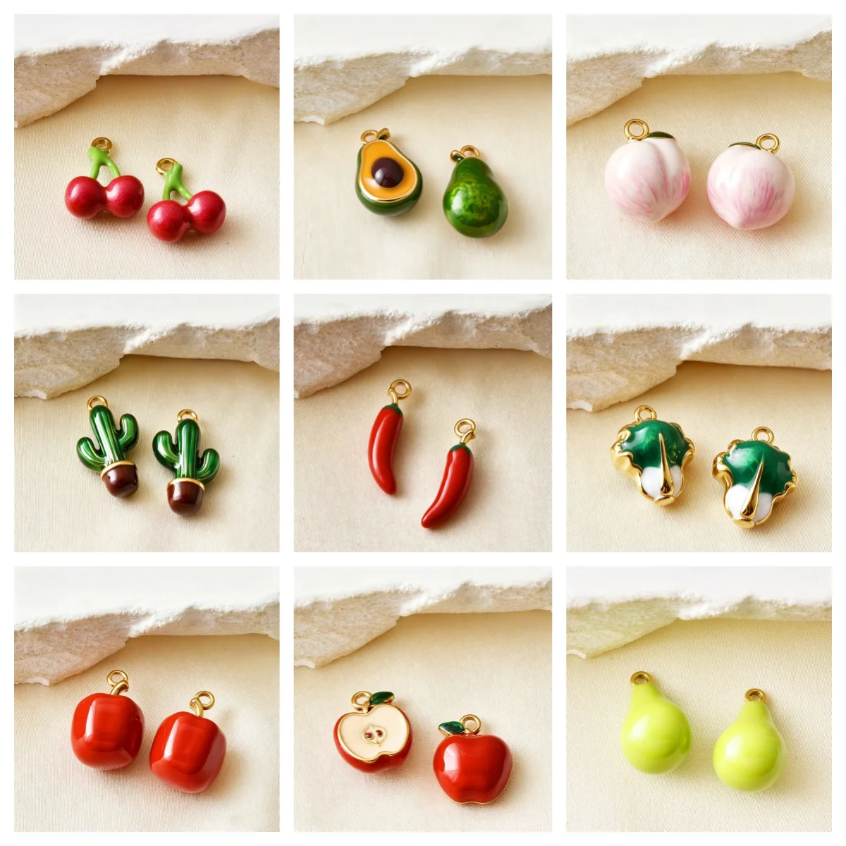 2pcs/Lot Enamel 3D Stainless Steel Vegetables Fruit Pendants Pepper Peach Apple Charms Beads Fit Original Bracelet DIY Jewelry
