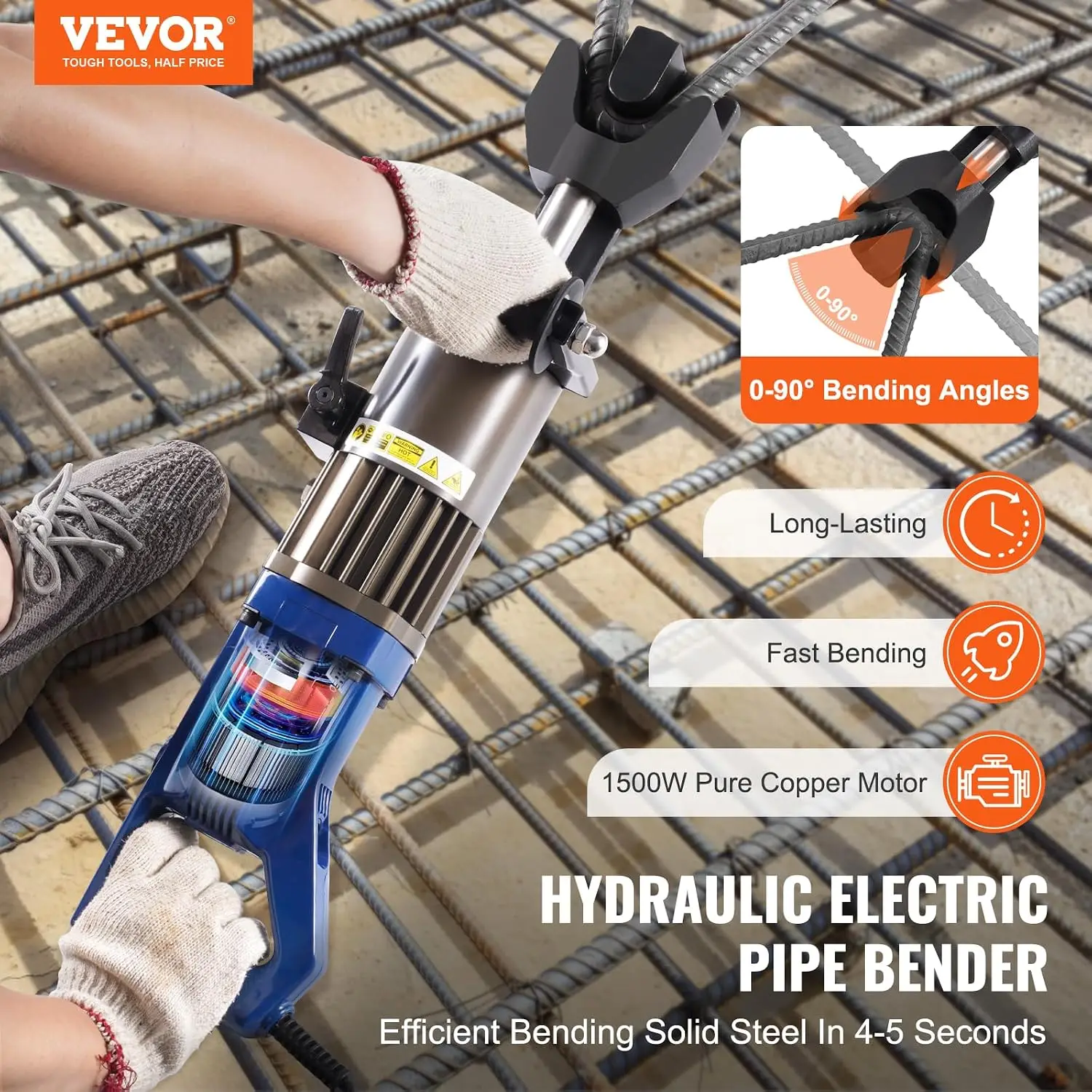 VEVOR Electric Hydraulic Rebar Bender, 1500W Portable Rebar Bending Machine, Bending up to 3/4 Inch #6 (6-20mm) within 4 Seconds