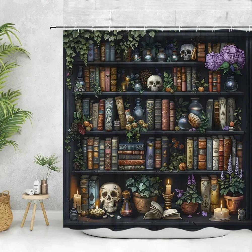 Vintage Library Shower Curtain Skull Candles Old Books Bookshelf Cat Plant Cartoon Home Polyester Fabric Bathroom Decor Curtains