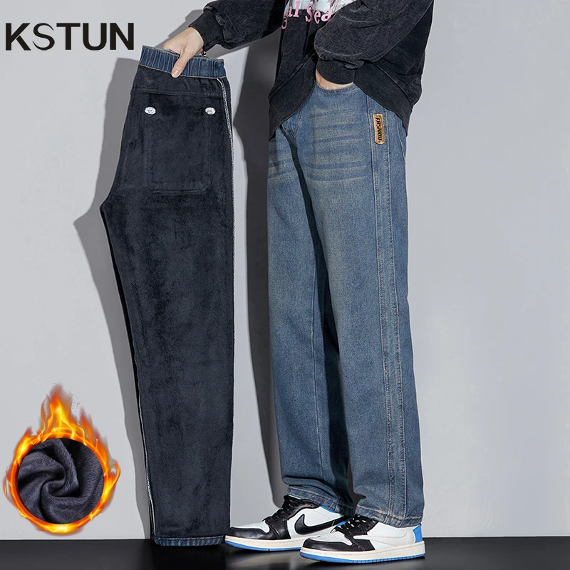 

KSTUN зимние джинсы для мужчин, флисовые джинсы, прямые свободные винтажные теплые джинсовые брюки, мужские брюки, утепленная эластичная талия