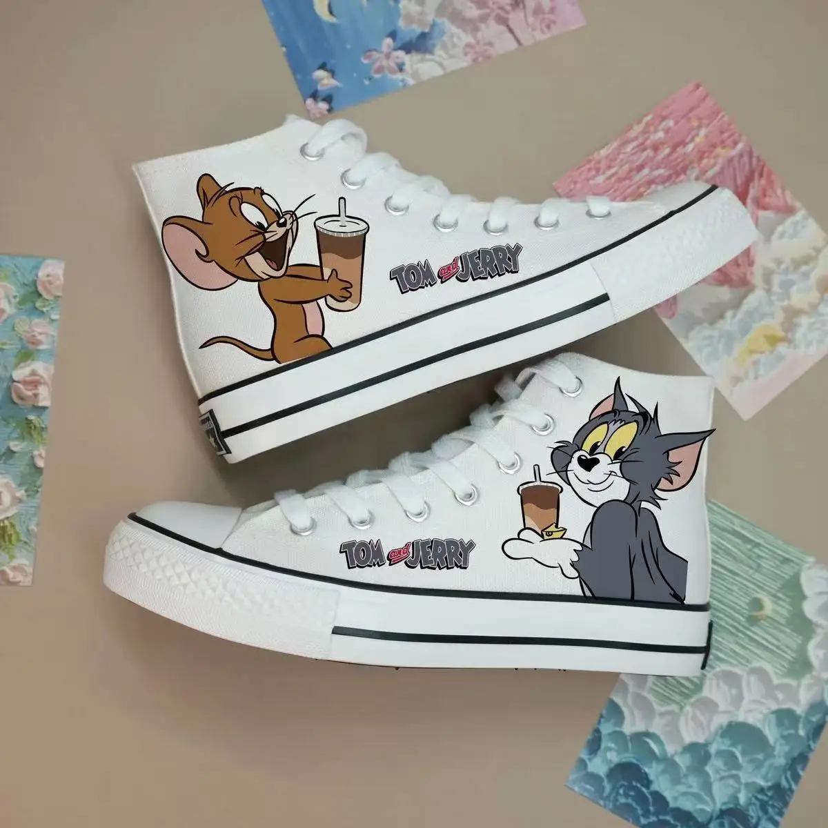 

r‌eal pictures 2025 new spring autumn high top cat and mouse cartoon black board shoes women girls canvas man Casual flats Shoes