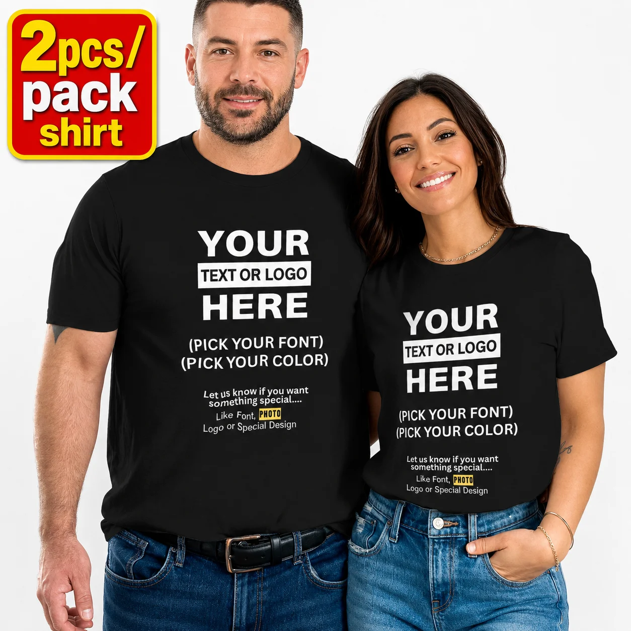 Custom Tees 2 Pack Matching Couple Shirt Personalized Text Logo Photo Multi Font Color Cotton Crew Neck Short Sleeve Gift Shirts