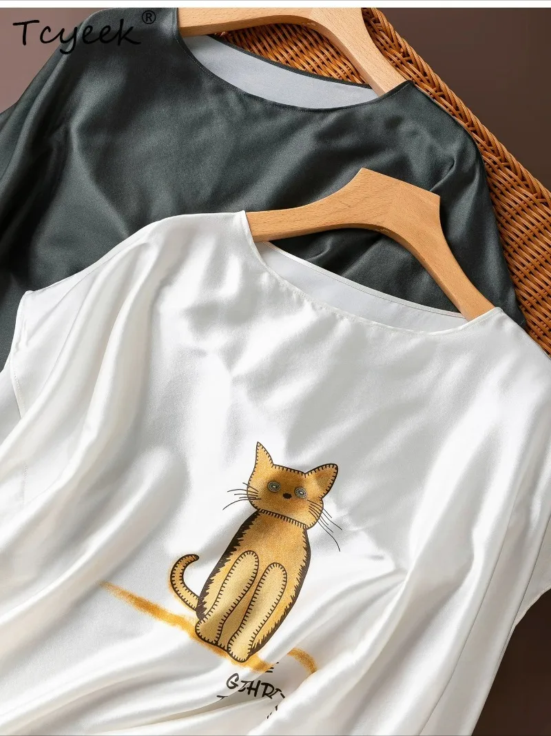 Tcyeek 93% Real Silk Women Tops 2026 Spring Summer Smooth Elastic Batwing Sleeve Cat-patterned Top Female Clothing Ropa De Mujer