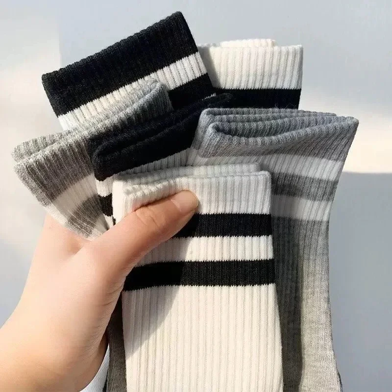 1/2pairs Women Cotton Fashion Milddle Tube Sock Striped Pattern Solid Color Black White Breathable Sock Comfortable Simple Socks