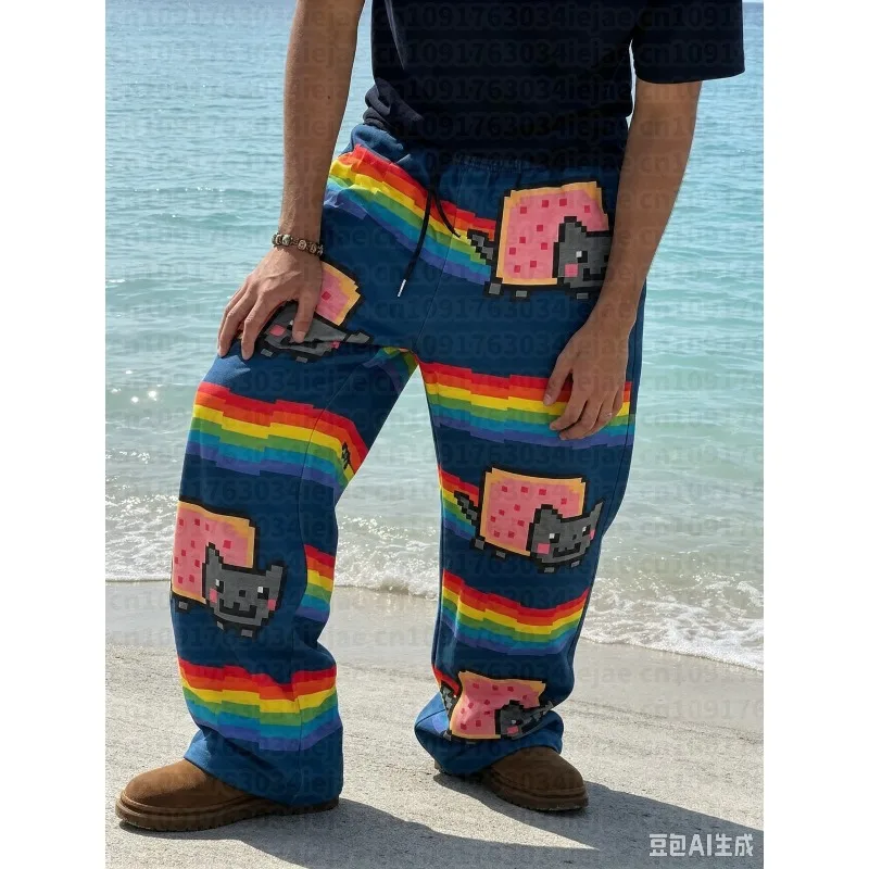 2026Hip Hop Cartoon Cat Pink Men Kid Casual Pants Y2k Harajuku Loose Drawstring Jogging Pant Family Trousers Street Sweatpants