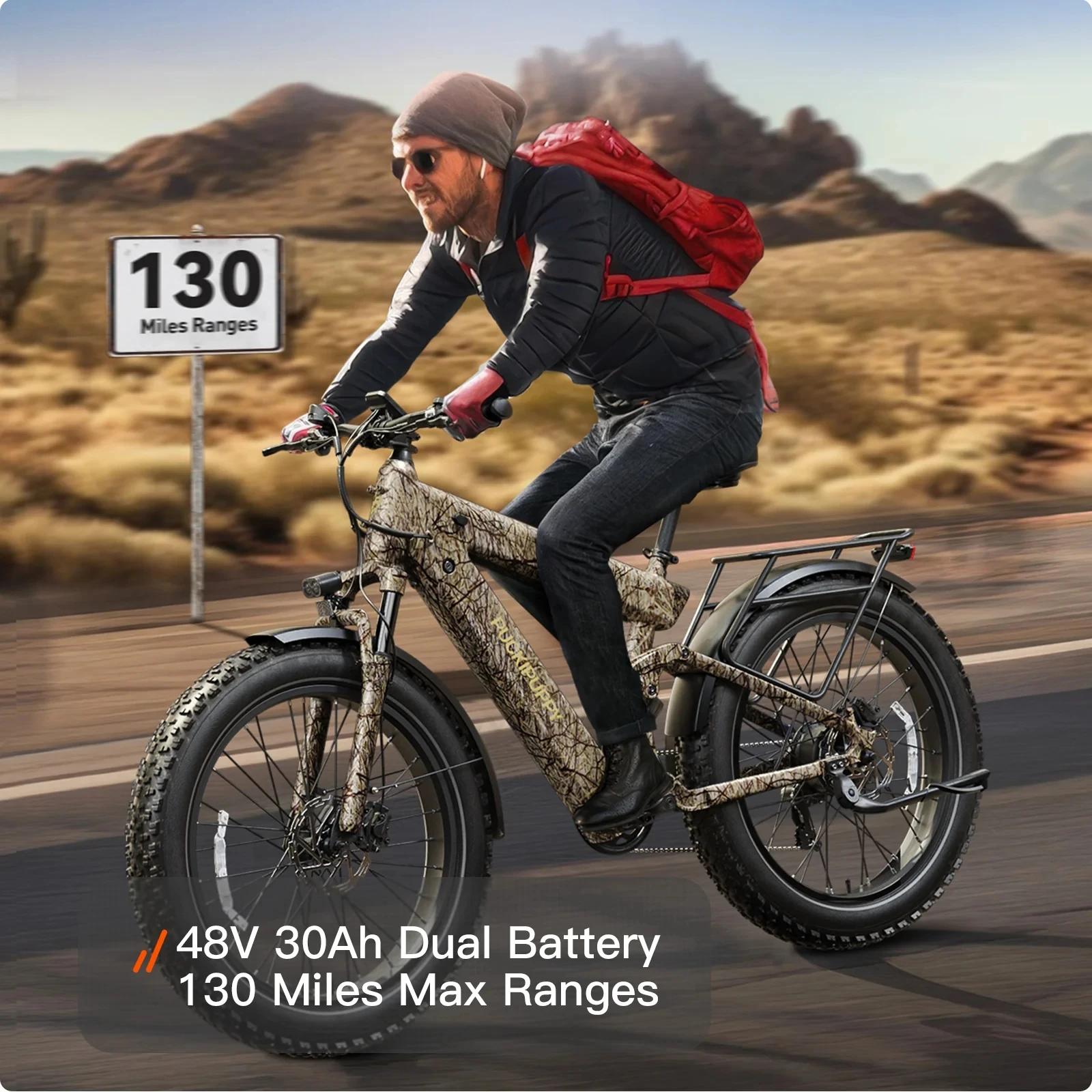 PUCKIPUPPY دراجة جبلية كهربائية 1350 وات 48 فولت 30 أمبير بطارية مزدوجة Ebike 26 بوصة إطار عريض 130 ميل طويل المدى تعليق كامل دراجة كهربائية