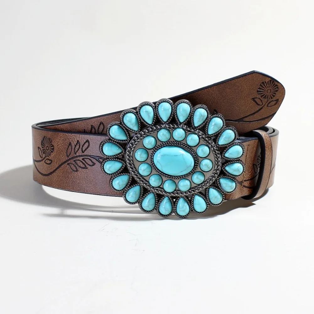 

Adjustable Women's Western Bohemian belt Brown Embossed Oval Turquoise Buckle Waist Belt PU High-End Sense Dress Waistband