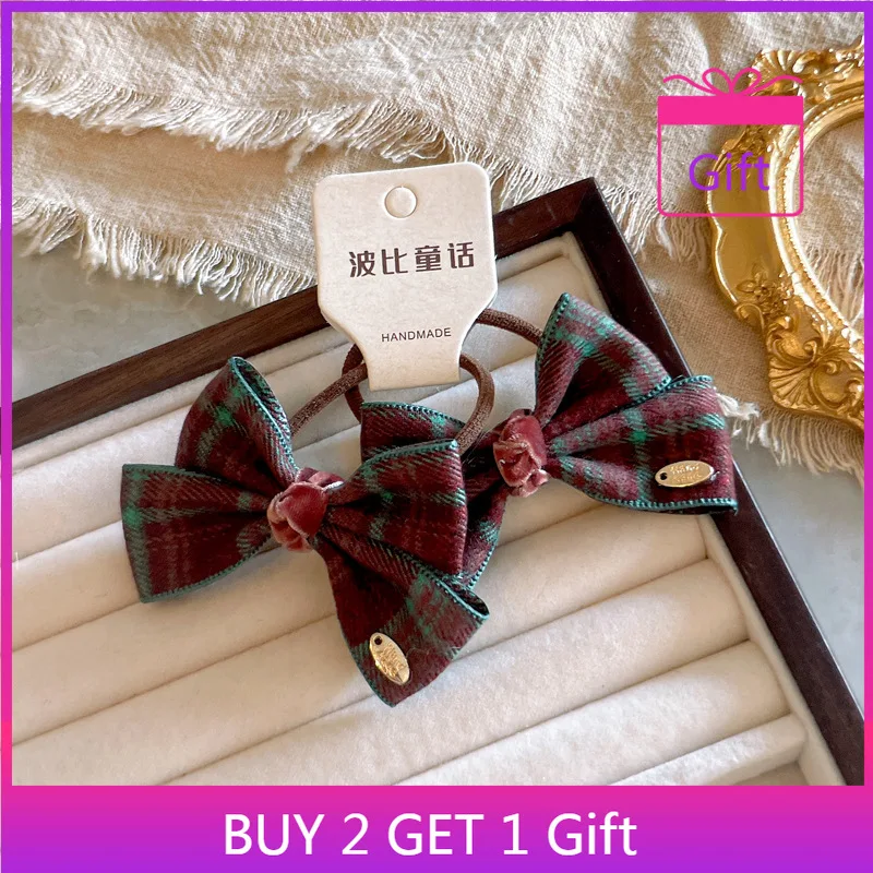 

Коллекция волос в школьном стиле, 1 пара клетчатых заколок с бантиками и резинками для волос, шерстяные премиум-класса для девочек, классические