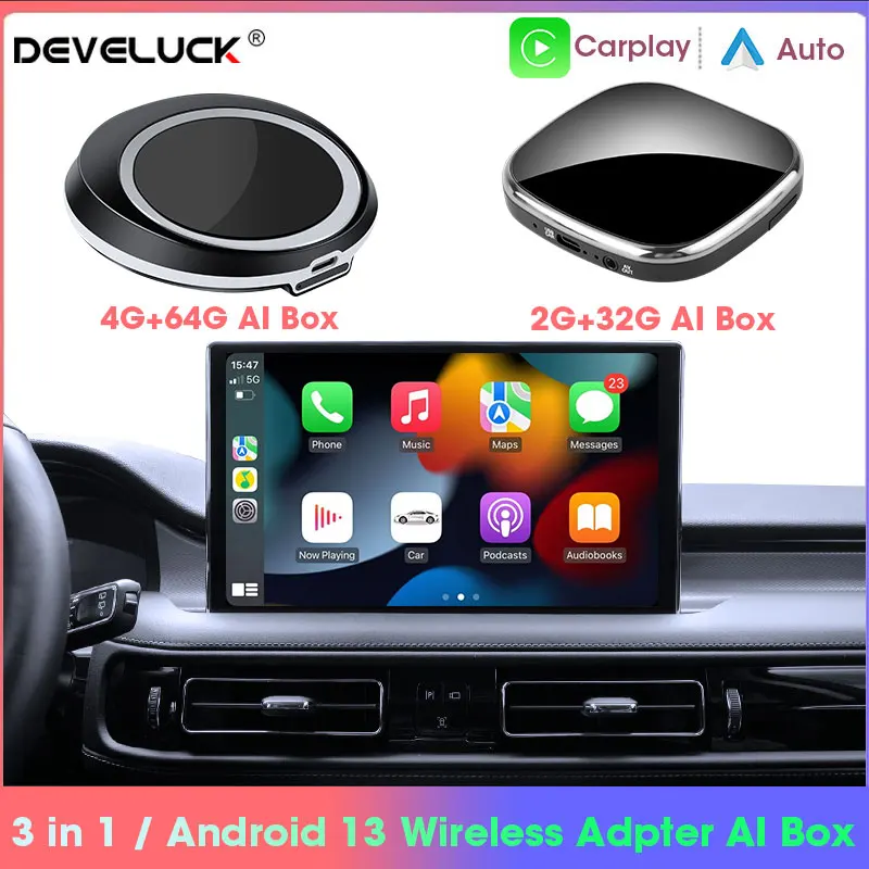 

Develuck 3-in-1 Wired to Wireless Android 13 CarPlay Ai Video Box Adapter Android Auto Plug and Play Support for Netflix YouTube