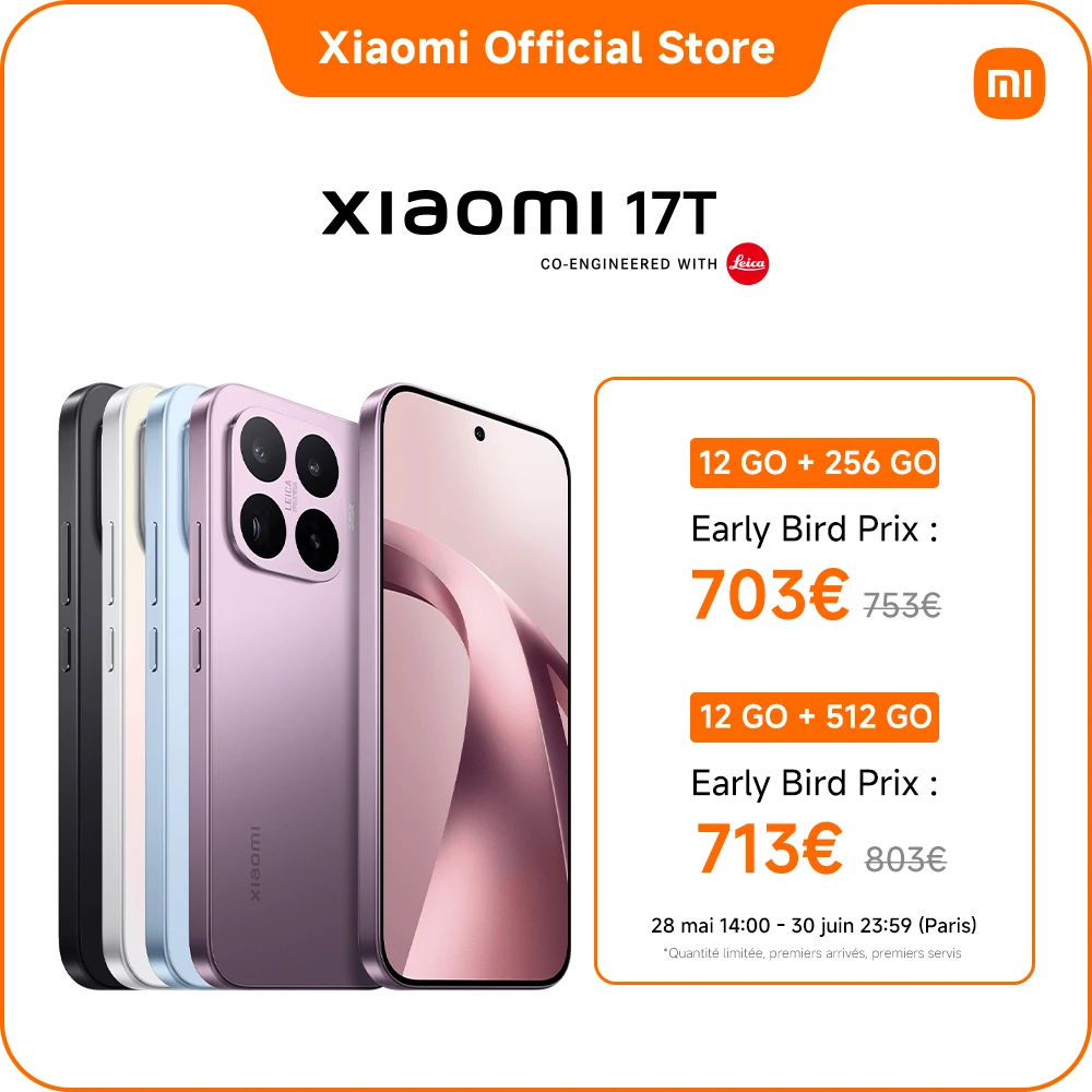 Xiaomi France | Xiaomi 17T, T�l�objectif Leica 5x, Batterie au silicium-carbone de 6 500 mAh (typ), �cran de 6,59 pouces � 120 Hz avec protection oculaire