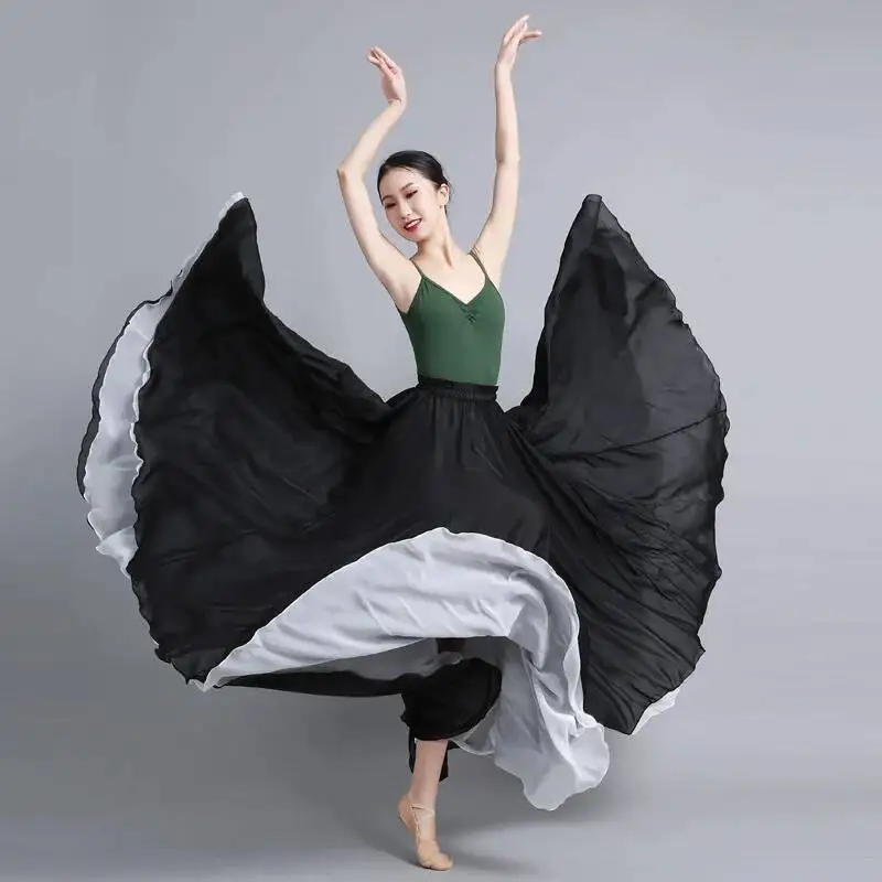 Gonna in chiffon Flamenco per le donne da ballo Gonne lunghe tinta unita da 720 gradi Ballerino Pratica Indossare gonna in stile cinese con orlo grande