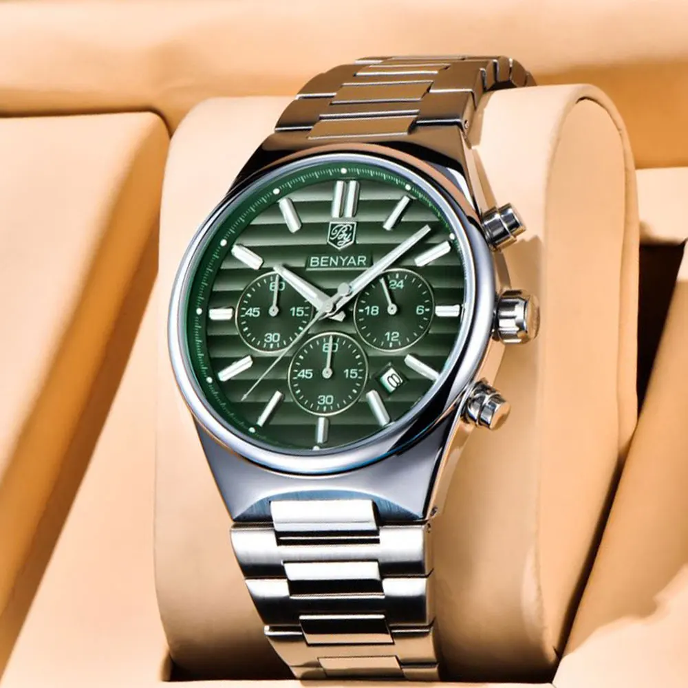 BENYAR Wristwatch Gift 42mm Men Watch Stainless Steel Chronograph Sapphire Glass Quartz Watch Top Brand Waterproof Watch for Men