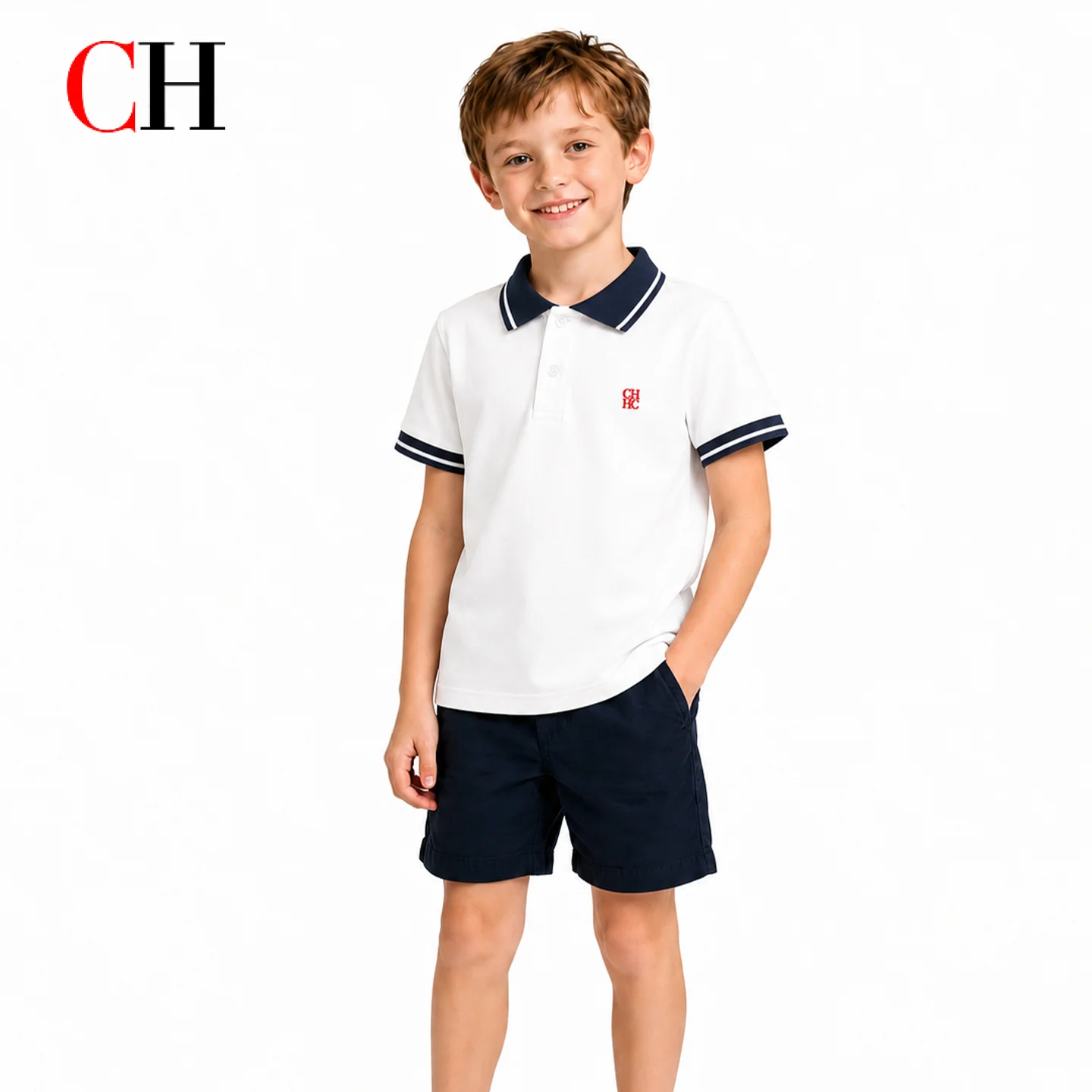 CH Boys Short Sleeve Polo Shirt White Navy Striped Collar Red Embroidery Logo Kids Casual School Tops