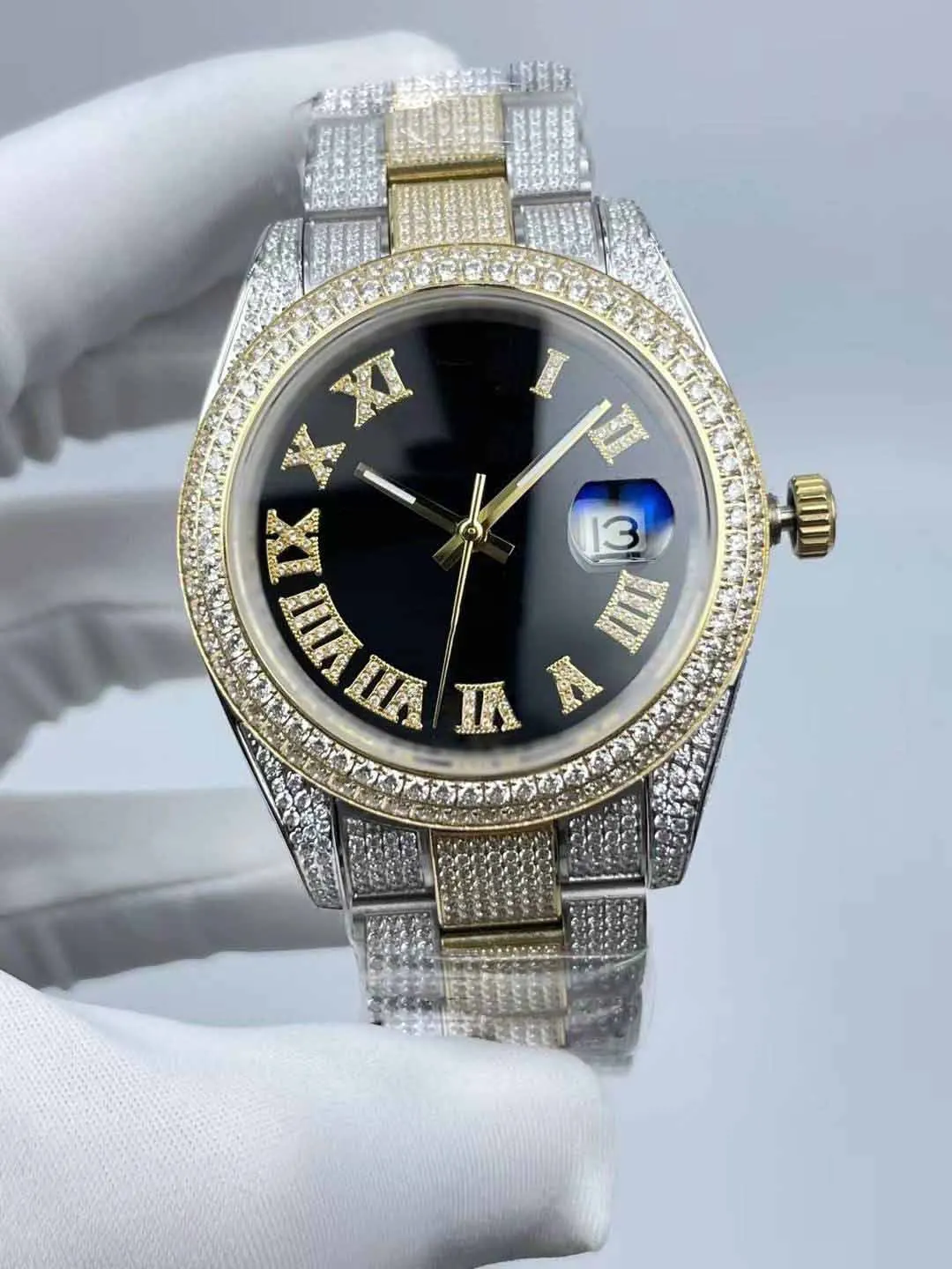 Mens Watch with Diamond Dial and Waterproof - 41mm Roman Diamond Surface, Waterproof, Calendar Window, and Mechanical Movement