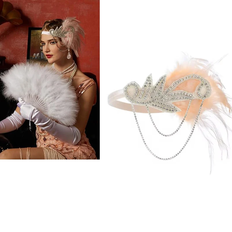 1920's Headband Costume Props Charleston accessories Flapper Headpiece Great Gatsby feather beaded hair band резинки для волос