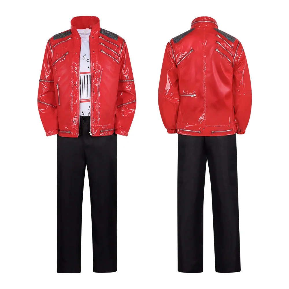 Men Red Leather Jacket Michael Jackson Cosplay Costume Music Note T-shirt Pants MJ Stage Performance Outfit Halloween Party Suit view 2