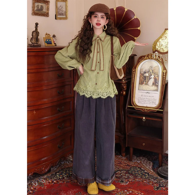 MEXZT قمصان دانتيل عتيقة للسيدات بلوزات هاراجوكو بربطة عنق مرقعة للخريف والشتاء ملابس الشارع الكورية بأكمام طويلة تصميم غير رسمي