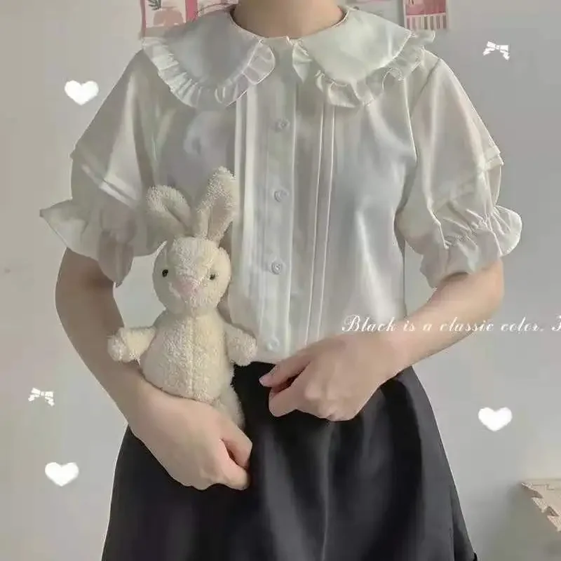 QWEEK ญี่ปุ่นหวาน Lolita สไตล์เสื้อผู้หญิง Kawaii Peter Pan COLLAR JK เสื้อสาวน่ารัก Ruffles สั้นพัฟแขนเสื้อสีขาว