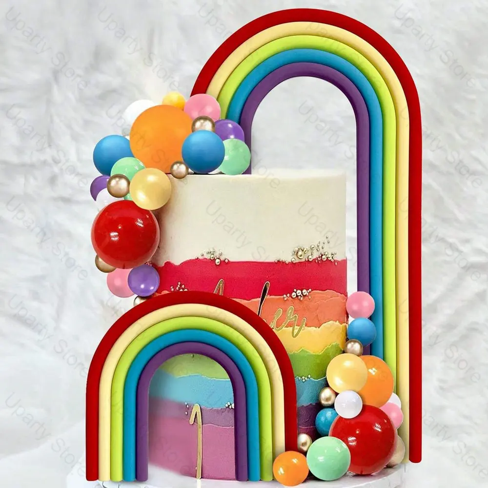 2er-Pack Regenbogen-Kuchenaufsätze aus weichem Gummi, Pastell, Lila, Blau, Boho-Haut, braune Regenbogen-Aufsätze für Babyparty, Geburtstagskuchen-Dekoration – Detail 2