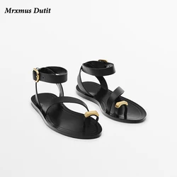 Mrxmus Dutit 2024 Summer Fashion New Women Genuine Leather Flat Clip Toes Sandals Versatile Solid Simple Casual Shoes Female