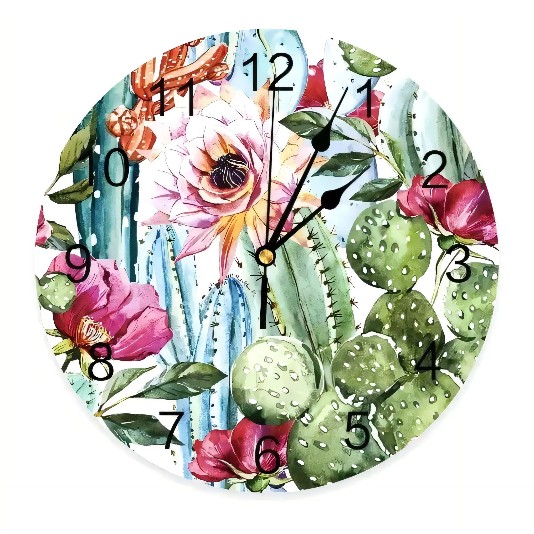 Round Wall Clock Desert Flora Cactus Watercolor Art  Silent Non Ticking Battery Operated Home Decor 128 Bytes