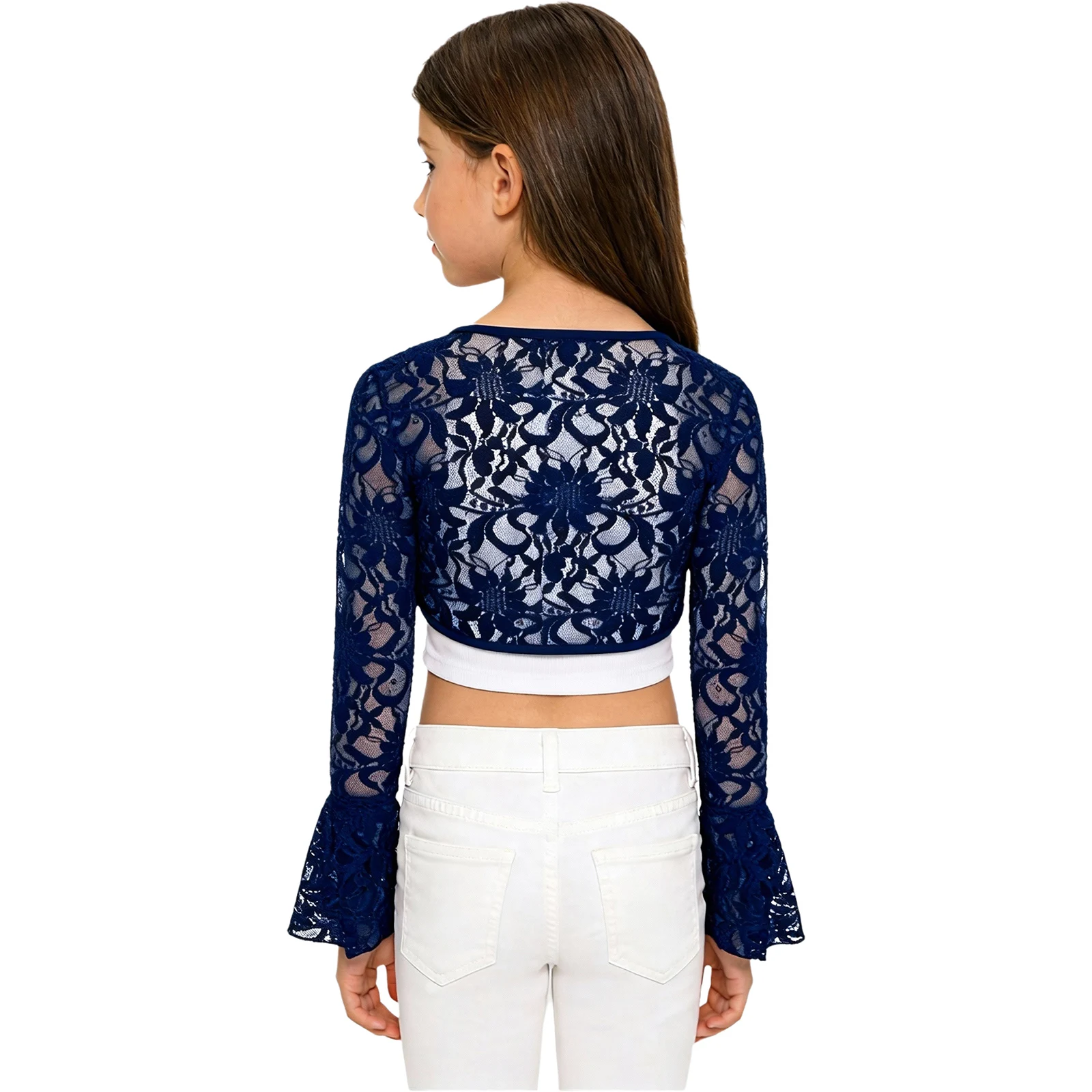 Girls Floral Lace Ballet Dance Crop Tops Flare Long Sleeve Elegant Short Bolero Shrug Coat Yoga Dancing Class Training Costume