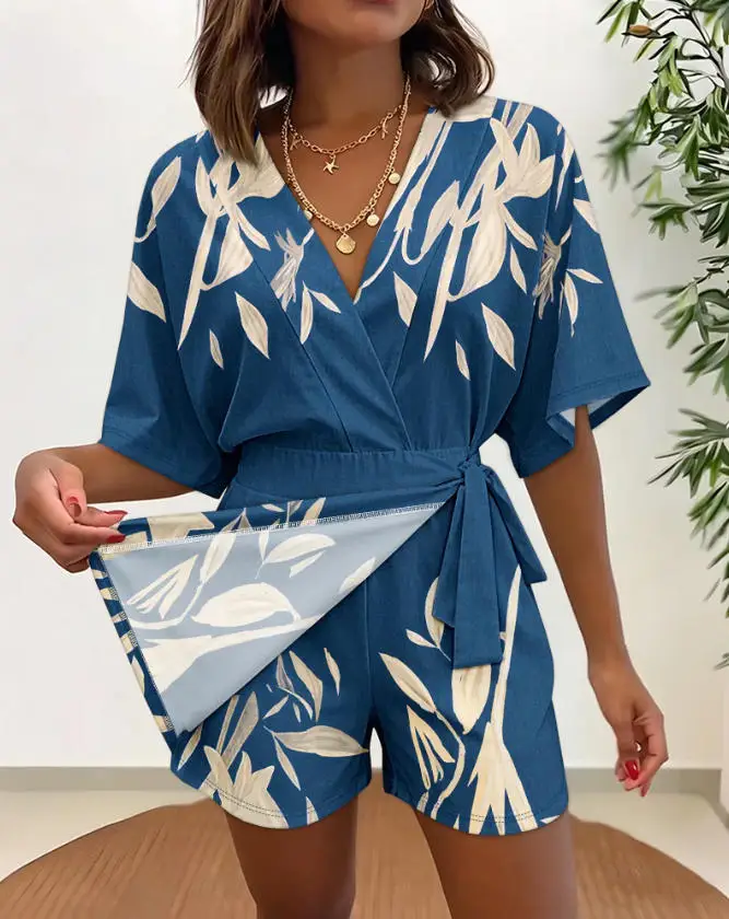 

Women's Fashion Tropical Plant Print Romper 2026 New Casual V-Neck Wrap Knot Side Skorts Romper Batwing Sleeve Short Jumpsuit