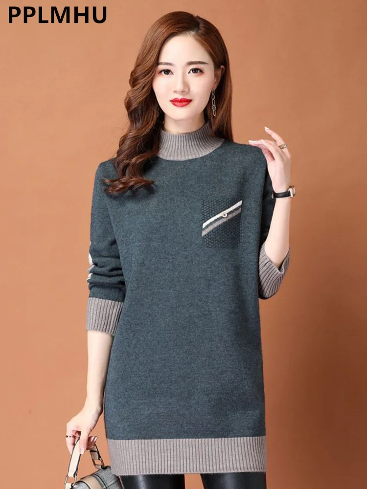 Mid-length Sweater Women Fall Winter Casual Soft Pullovet Knit Long Sleeve Tops New Elegant Knitwear Jumper New Spliced Sueter