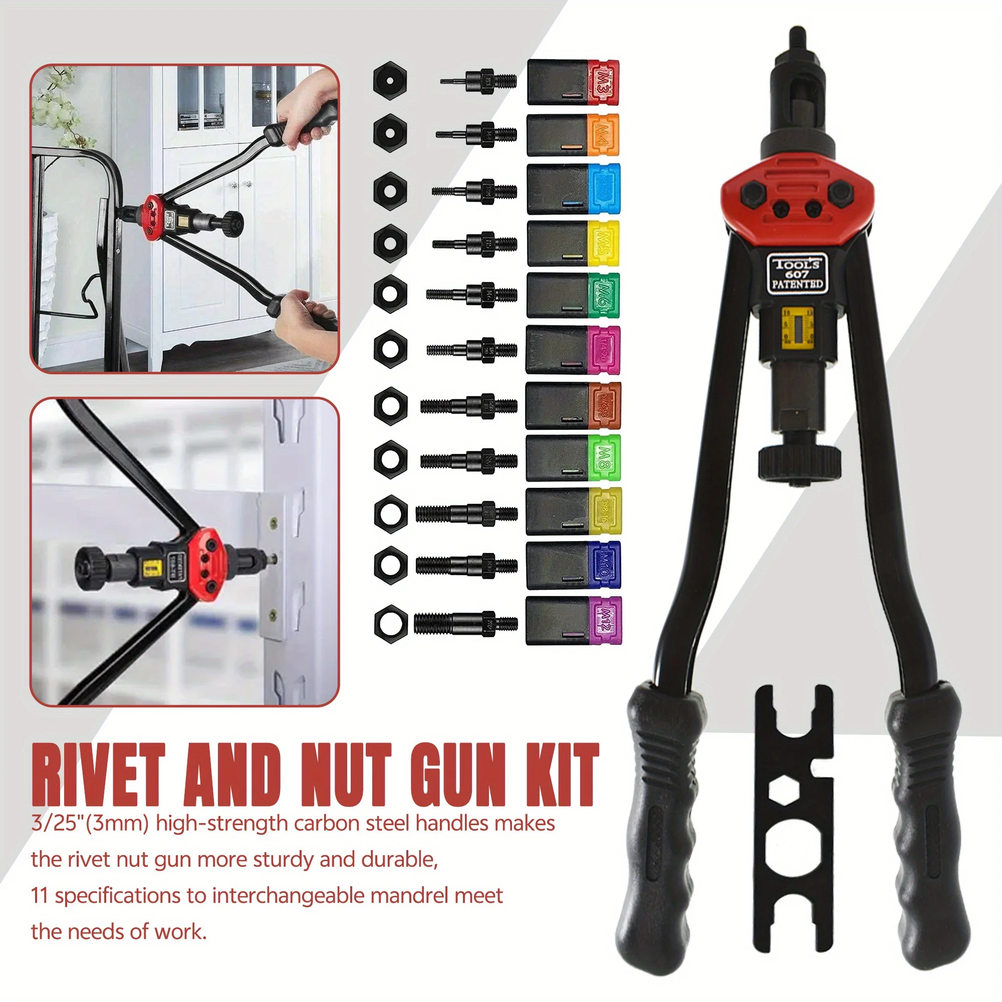 16 Inch Rivet Nut Tool, Professional Rivet Nut Tool Kit with 11 Metric & Inch 110pcs Rivnuts and Case - WE-889