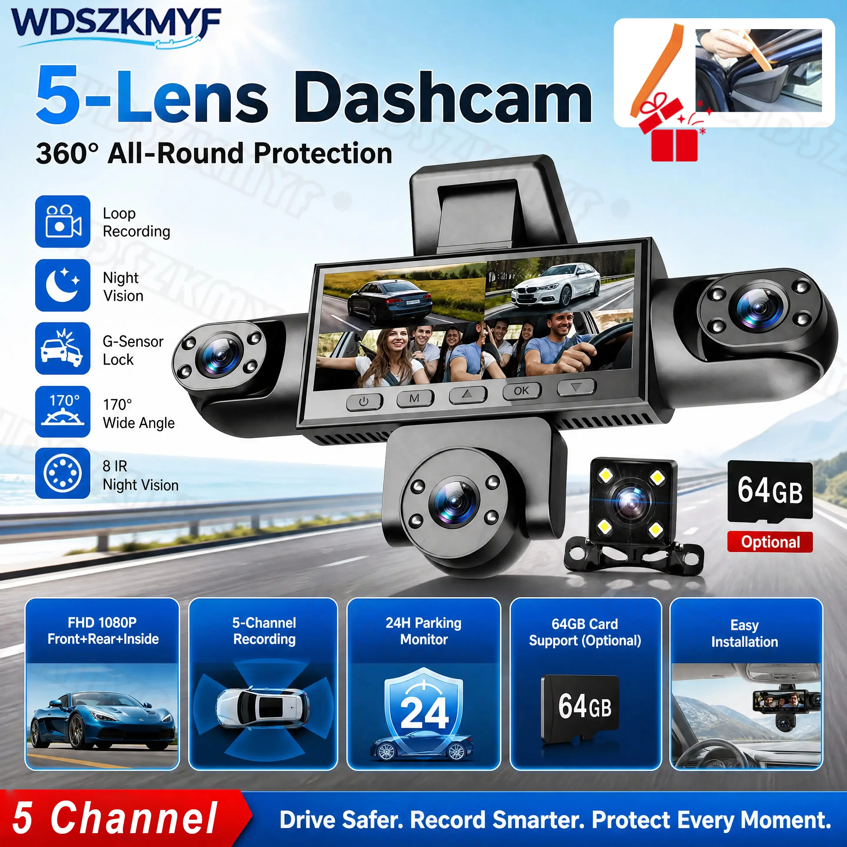 NEW 5CH Dash Cam WIFI Front Left Right Rear View Camera 360° Rotatable Car Camera 1080P High Quality Video Recorder Car DVR