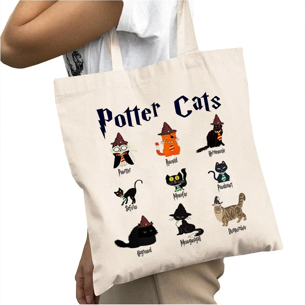 Casual Cartoon Potter Cats Women Shopping Bags Double Print Casual Girl Tote Handbag Big Capacity Lady Shopper Bag image 3