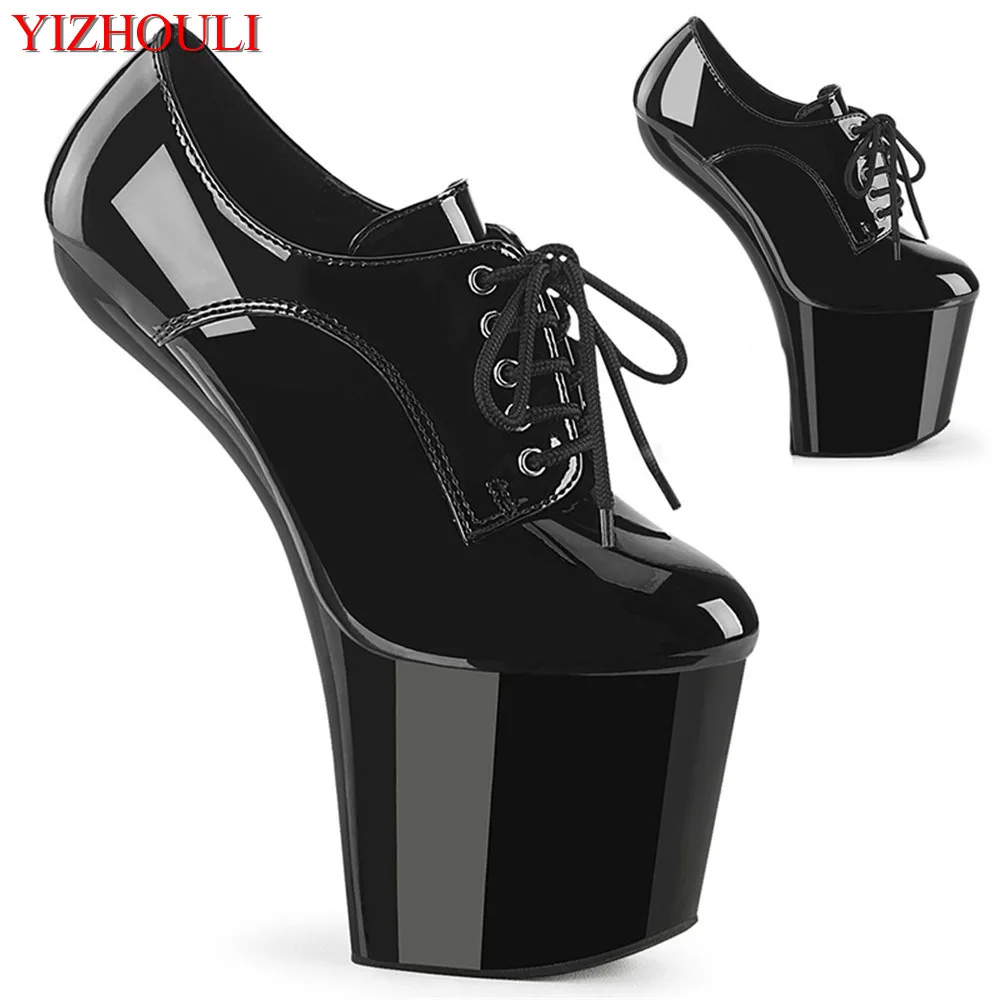 20cm nightclub pole dancing shoes patent leather round head lace-up heelless waterproof platform sexy catwalk single shoes