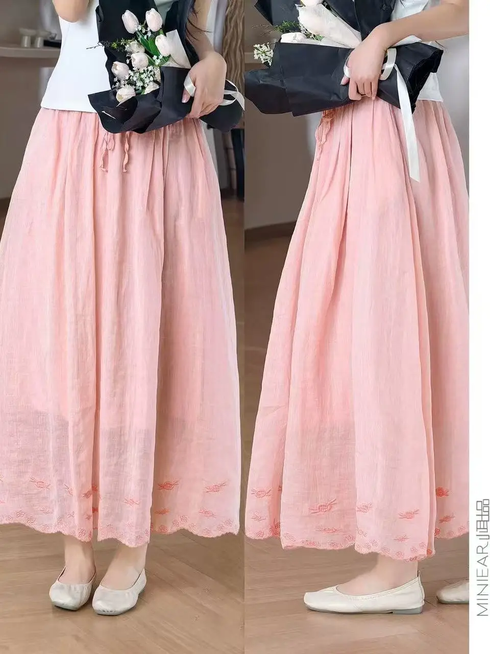 

Летняя элегантная свободная юбка с объемной вышивкой, модная, омолаживающая, с завышенной талией, из шелка и хлопка, для города и повседневной носки