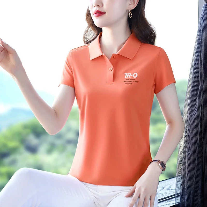 Ice Silk Fabric T-shirt Summer Cool Basic Top Women's Short Sleeve Polos Shirts Solid Color Casual Lapel Tee