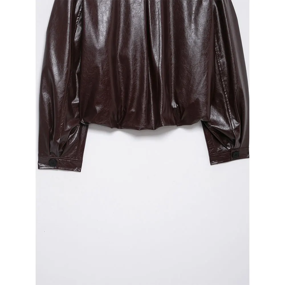 DUOPERI Women Fashion PU Coffee Bomber Jackets Casual O-Neck Long Sleeves Coats Female Elegant Chic Lady Outfits