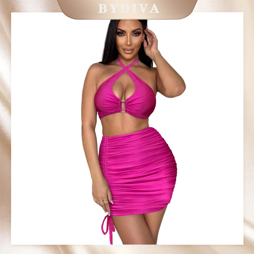 BYDIVA Ruched Cross Halter Bodycon Sexy Dress for Women Summer 2022 Solid Backless Cut Out Short Mini Dresses Women's Party Club