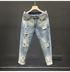 Harajuku Style Summer and Trendy Luxury Jeans for Men with Holes Small Feet Men's Casual Jeans with Holes Beggar Vintage Pants