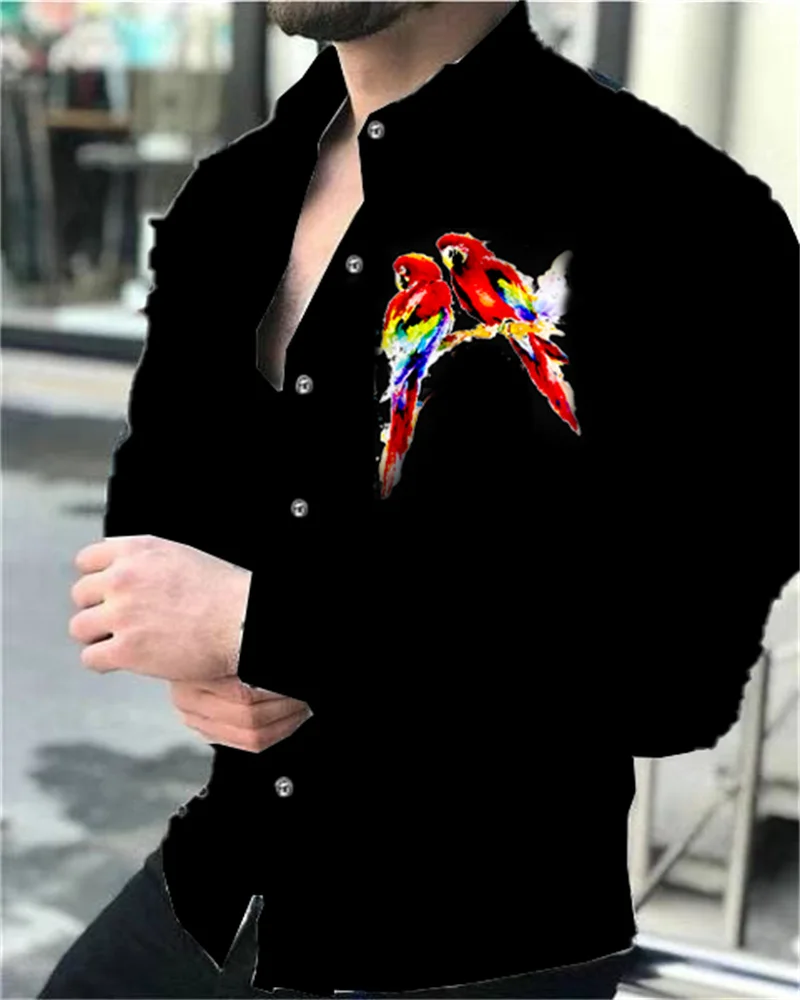 Anime Parrot 3D Print Men\'s Holiday Long Sleeve Lapel Button-Down Shirt, Spring and Autumn 2024 Large Size S-6XL Soft Fabric