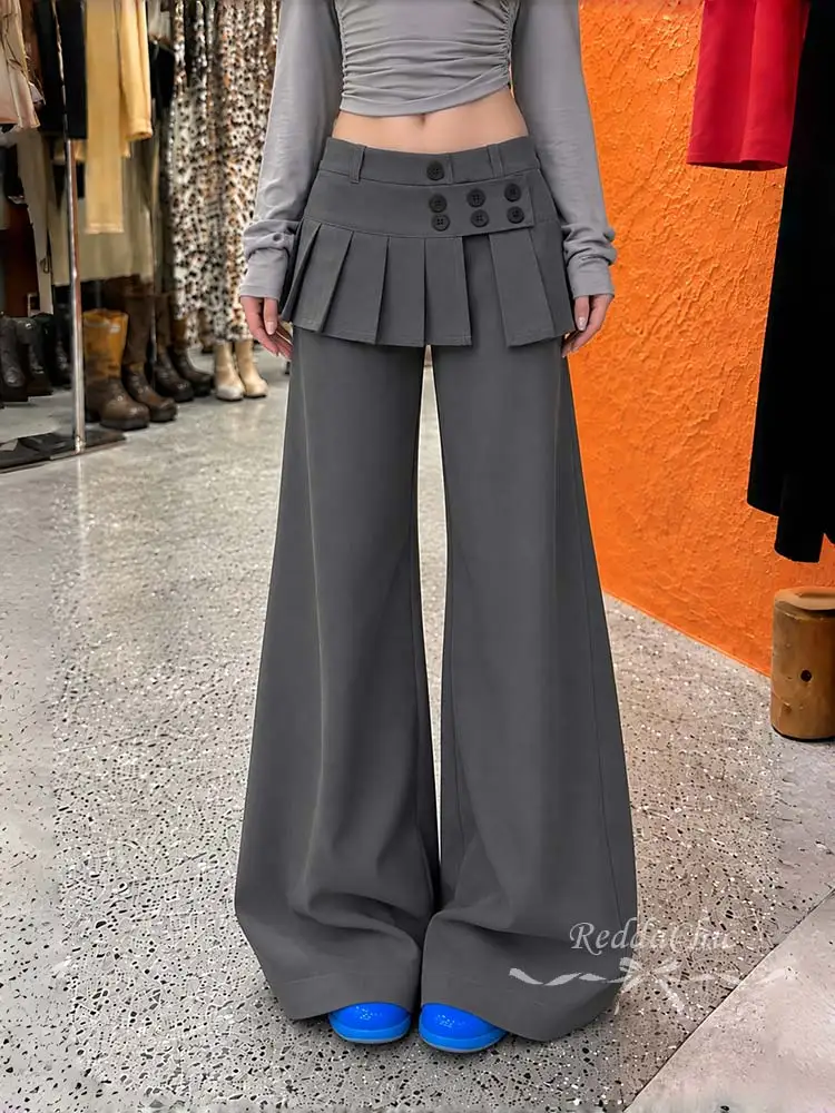 ReddaChic Women Gray Dress Pants with Pleat Skirt Removable Retro Low Waist Baggy Bootcut Suit Trousers Minimalist Everyday Wear