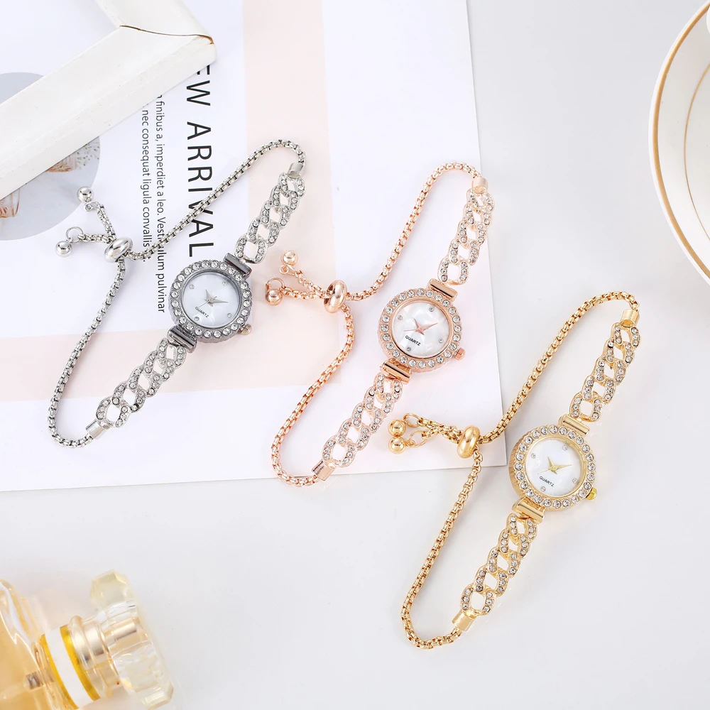 

1 шт./компл. элегантных кварцевых часов для женщин, нишевые и высококачественные, круглые, инкрустированные бриллиантами, регулируемые эластичные часы-браслет