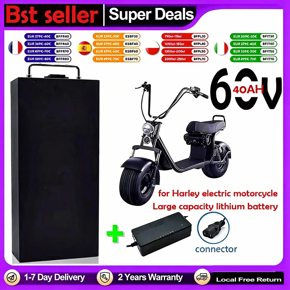 Batterie Lithium pour moto électrique Harley, 60V, 20ah, 30ah, 40ah, 18650, étanche, Citycoco, pliable, pour Scooter