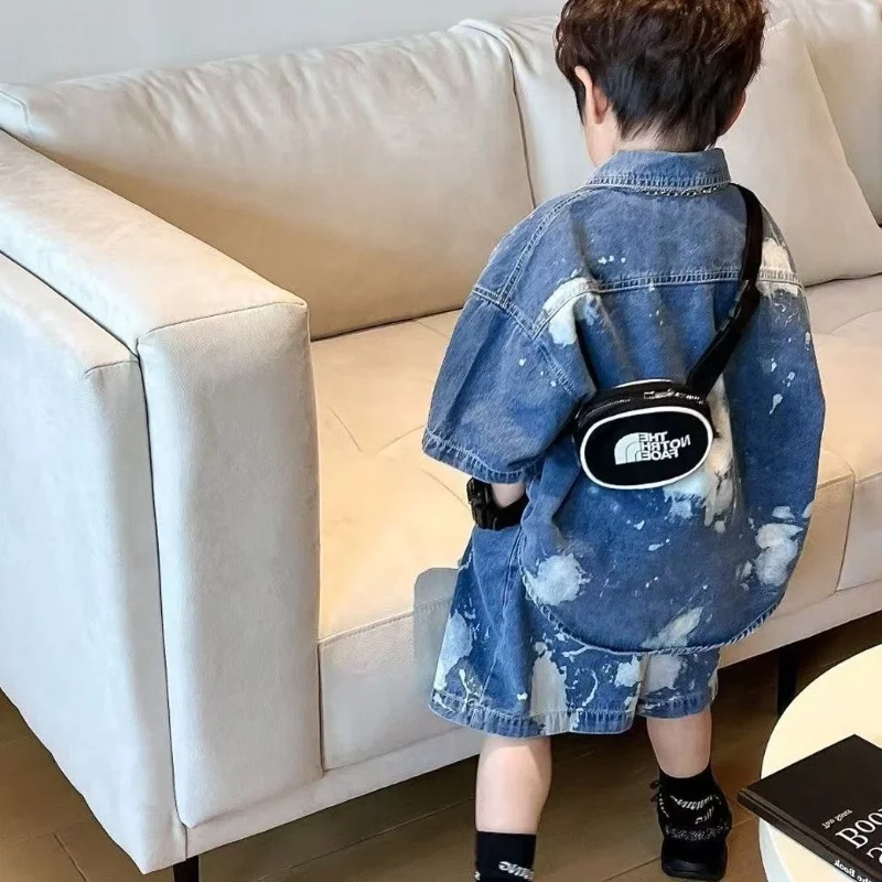 

Boys Paint Splatter Denim Set Short Sleeve Shorts Trendy Korean Style Jacket Mid Waist Shorts Summer Fashion Children's Outfit