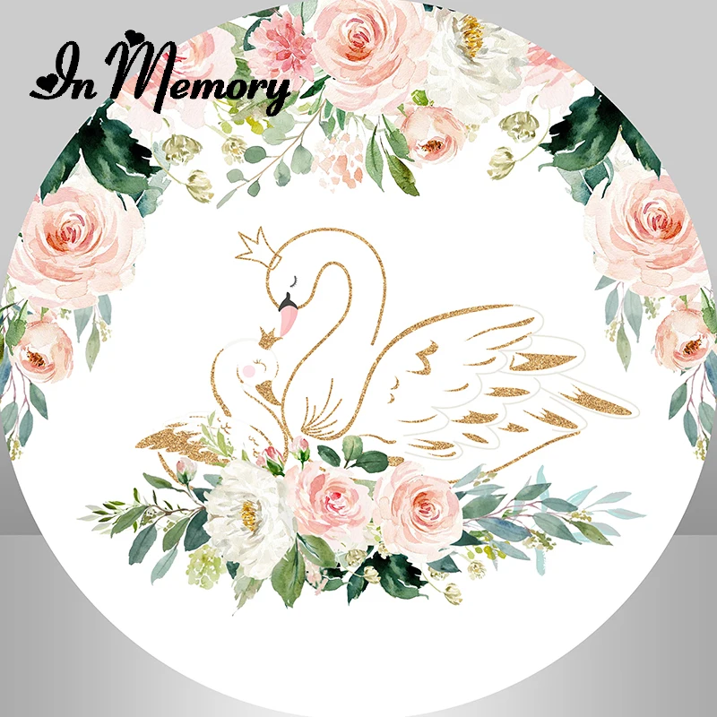 InMemory Pink Flowers Swan Round Backdrop Cover Girls Newborn Baby Shower Gender Reveal Party Photography Background Elastic