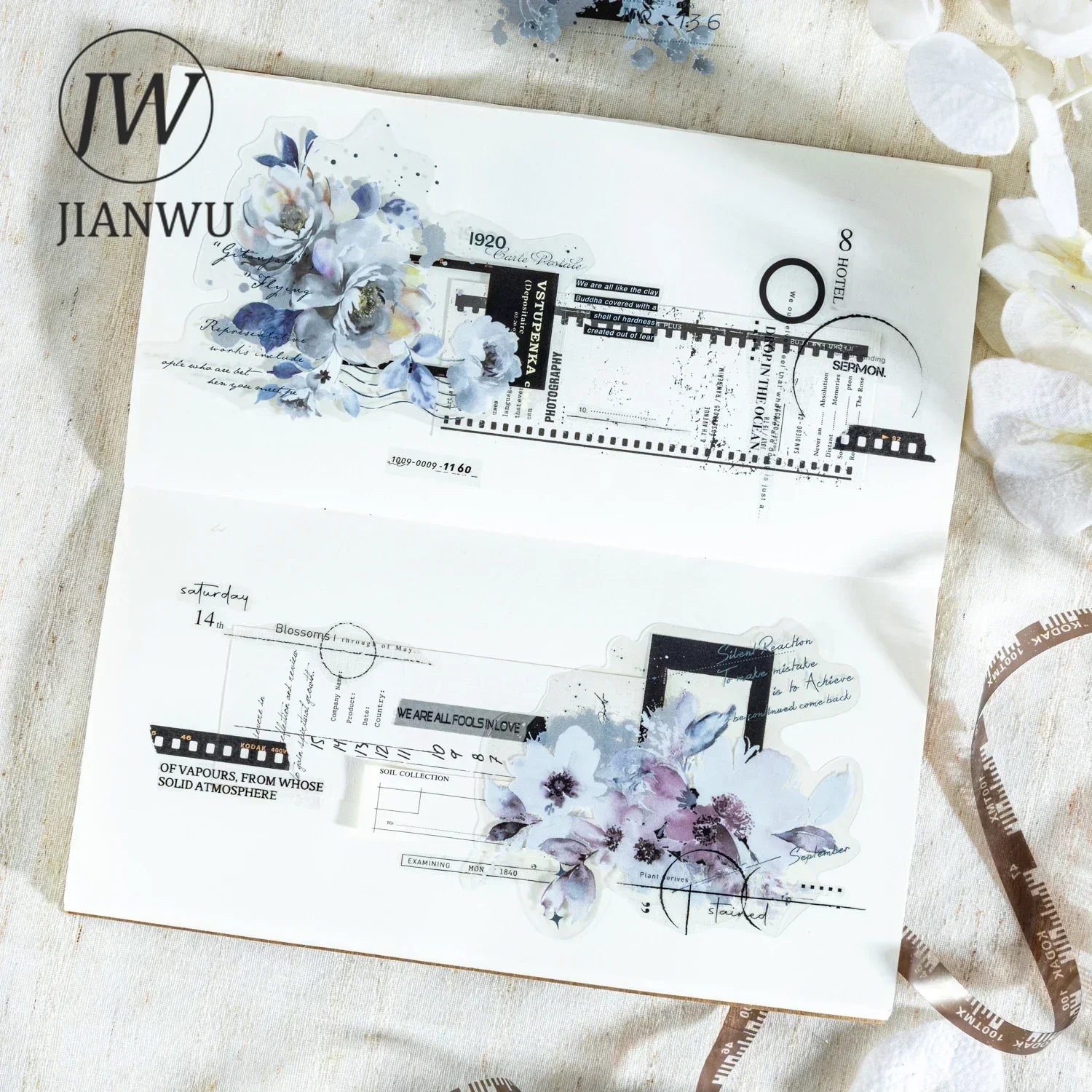 JIANWU Botanical Cinema Series Vintage Flower Film Border Material Collage PET Sticker Creative DIY Journal Stationery