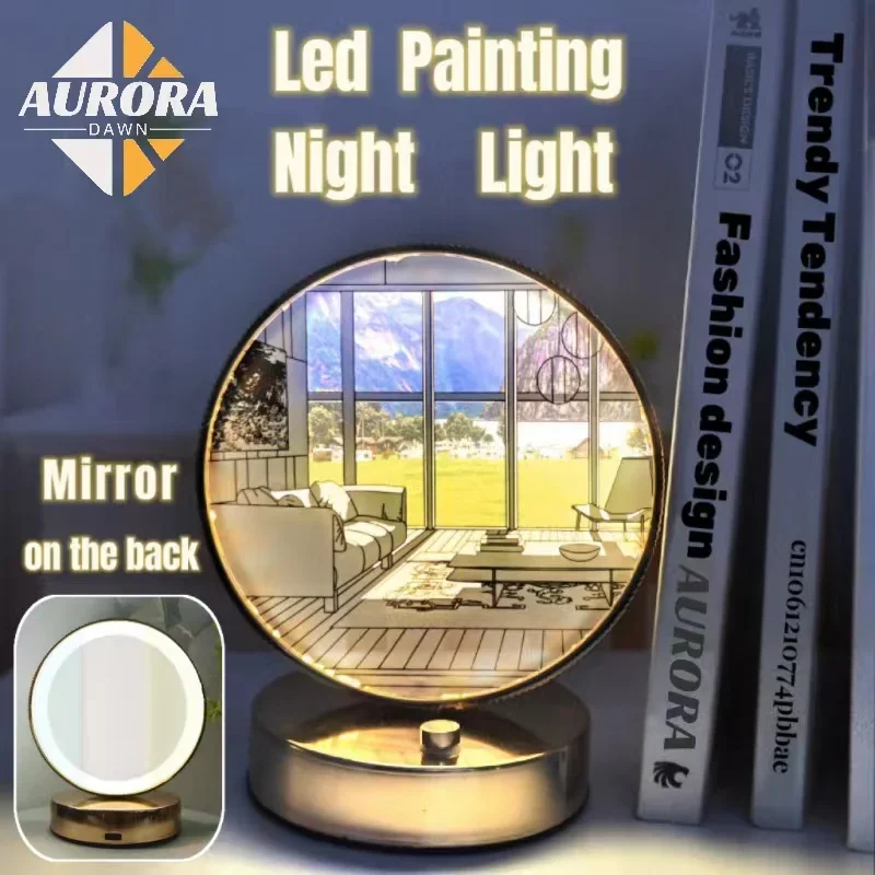 Led Painting Lamp INS Deco Mirror Makeup Dimming Night Light Artwork Sunlight Window Wooden Photo Table Lamp Bedside Art Painted