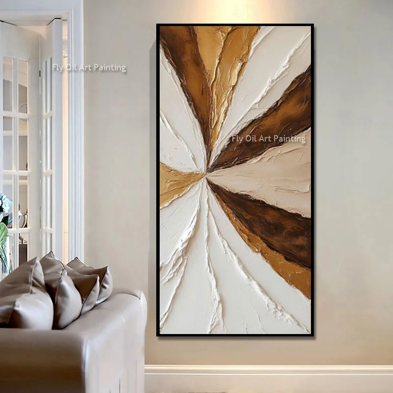 100% Hand Painted Concentric Golden Texture Wall Art, Beige Brown Palette Knife Painting, Neutral Modern Decor For Bedroom