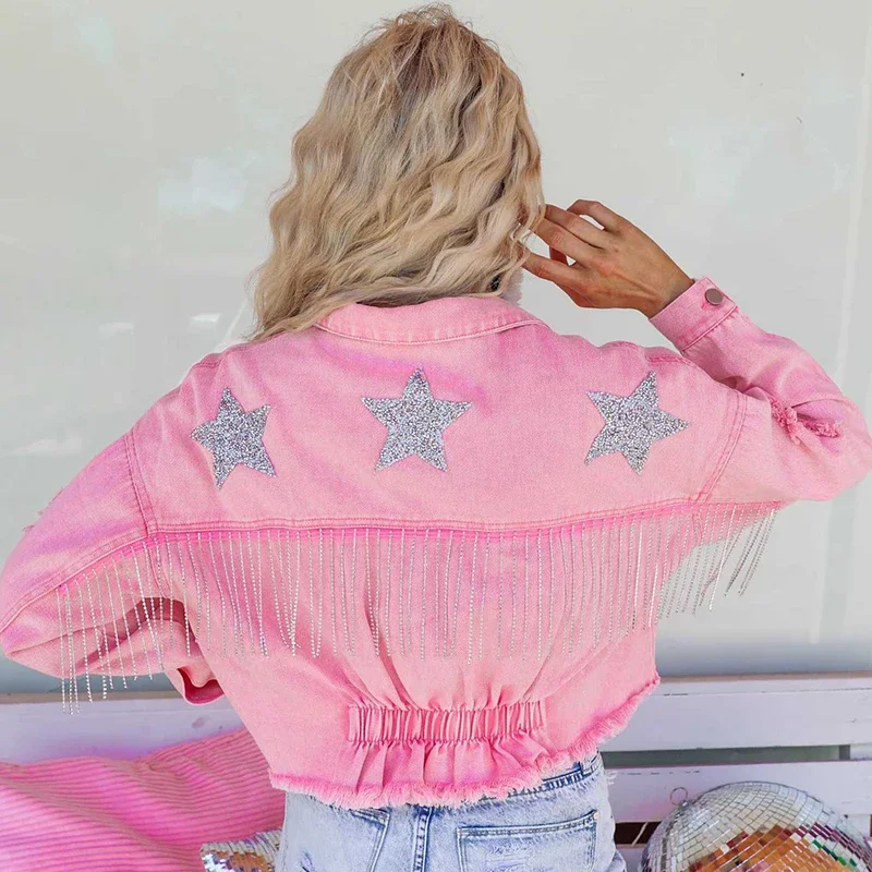 Casual Button-Up Tassels Five-Pointed Star Diamond Denim Jacket Women Streetwear Fringed Jean New In outerwears Chic Coat Top